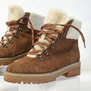 RENVY Women's Myra Cognac Suede Ankle Hiking Boot Faux Shearling Trim Women 7.5M